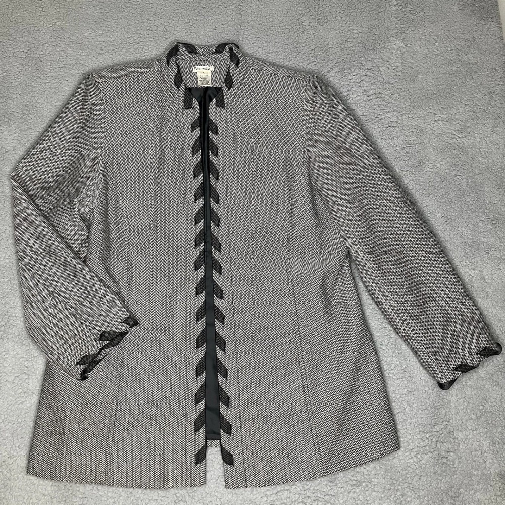 VTG Graffwear Jacket L Wool Blend Chevron Tweed Ribbon Trim Long Open Blazer